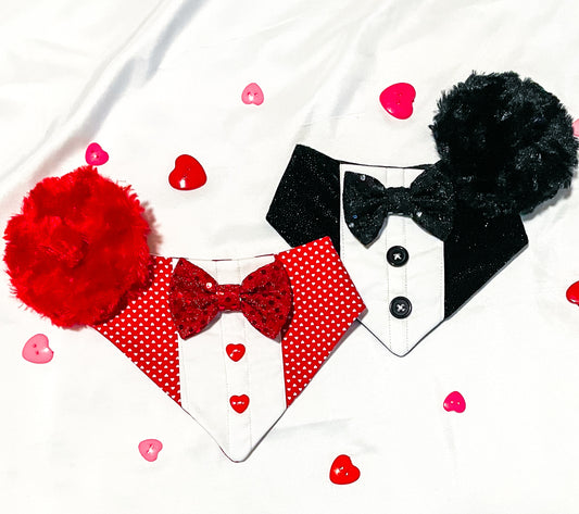 Date night Tuxedo Bandanas | Black Glitter | Red Hearts