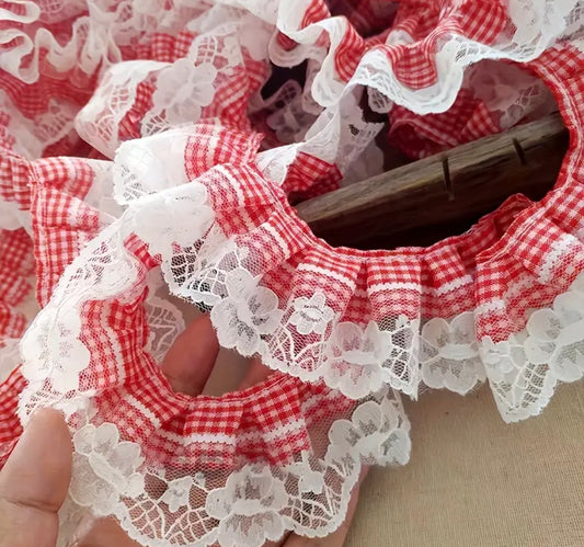 Red plaid w/ lace Trimming for Bandanas